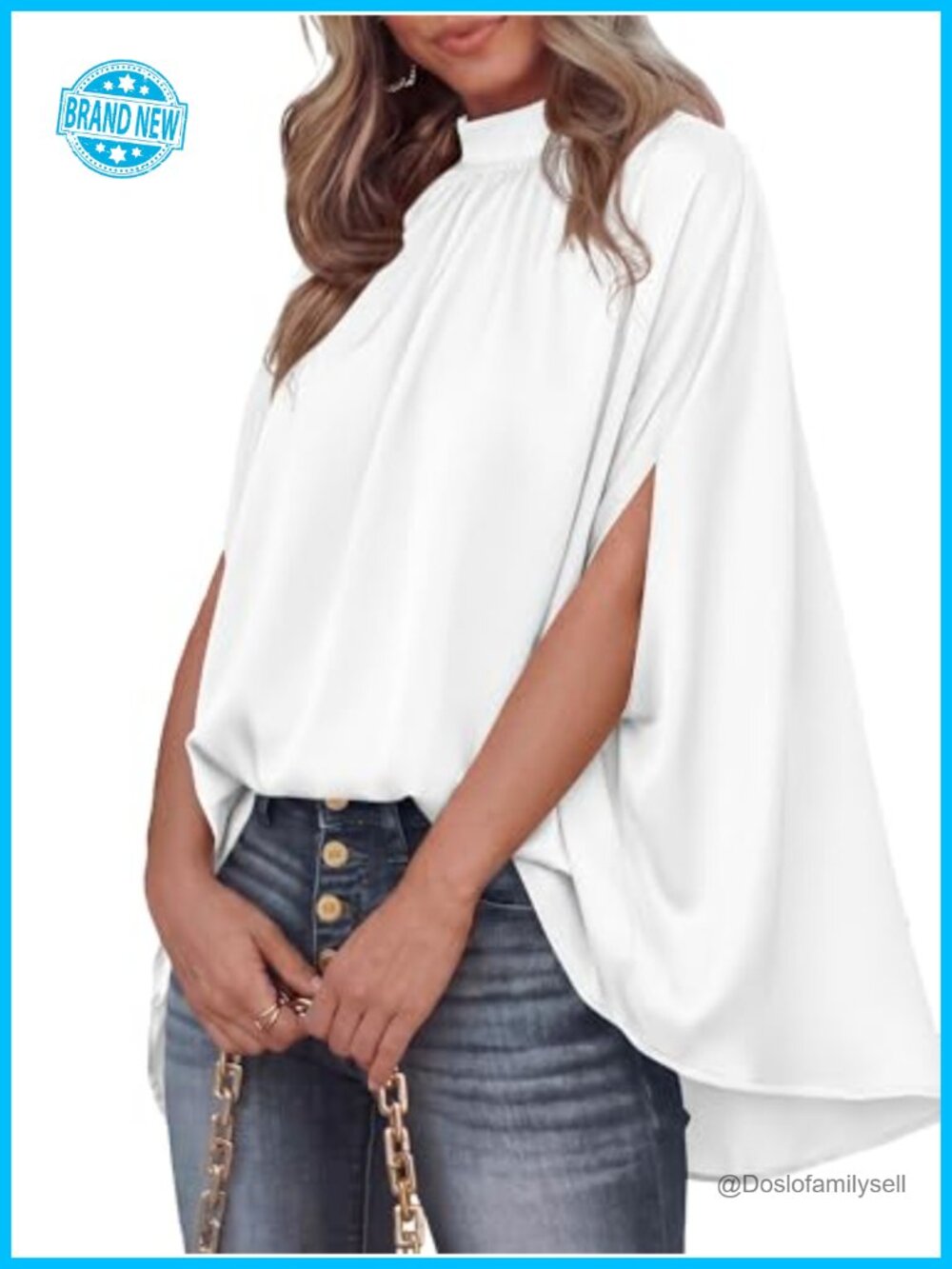 Satin Oversized Blouse Batwing Sleeve Mock Neck High Low Hem
